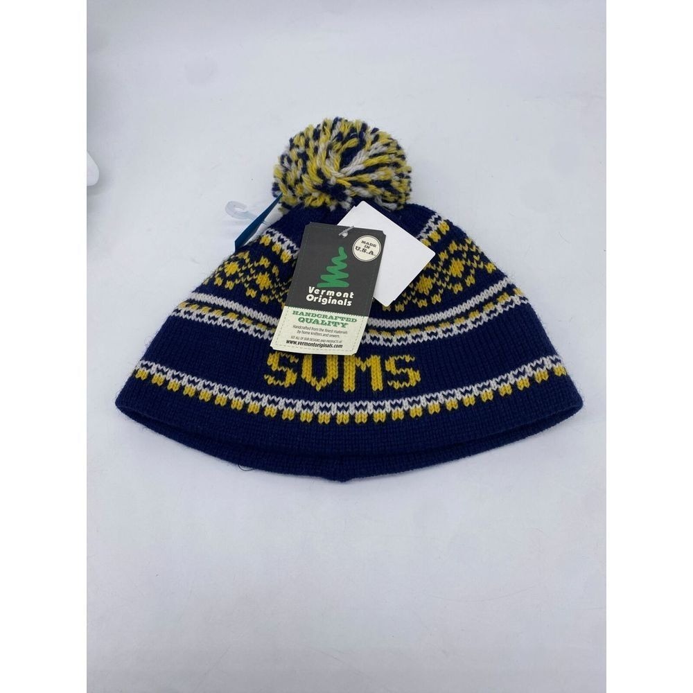 Vermont Originals SVMS Knit Pom Pom Beanie Hat Navy Yellow Adult Unisex